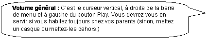 Rectangle � coins arrondis: Volume g�n�ral : C�est le curseur vertical, � droite de la barre de menu et � gauche du bouton Play. Vous devrez vous en servir si vous habitez toujours chez vos parents (sinon, mettez un casque ou mettez-les dehors.)